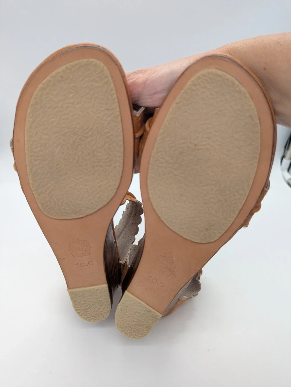 Bali Elf Women's Midsummer Scalloped Leather Sandals Ankle-Strap Wedge Size 10.5